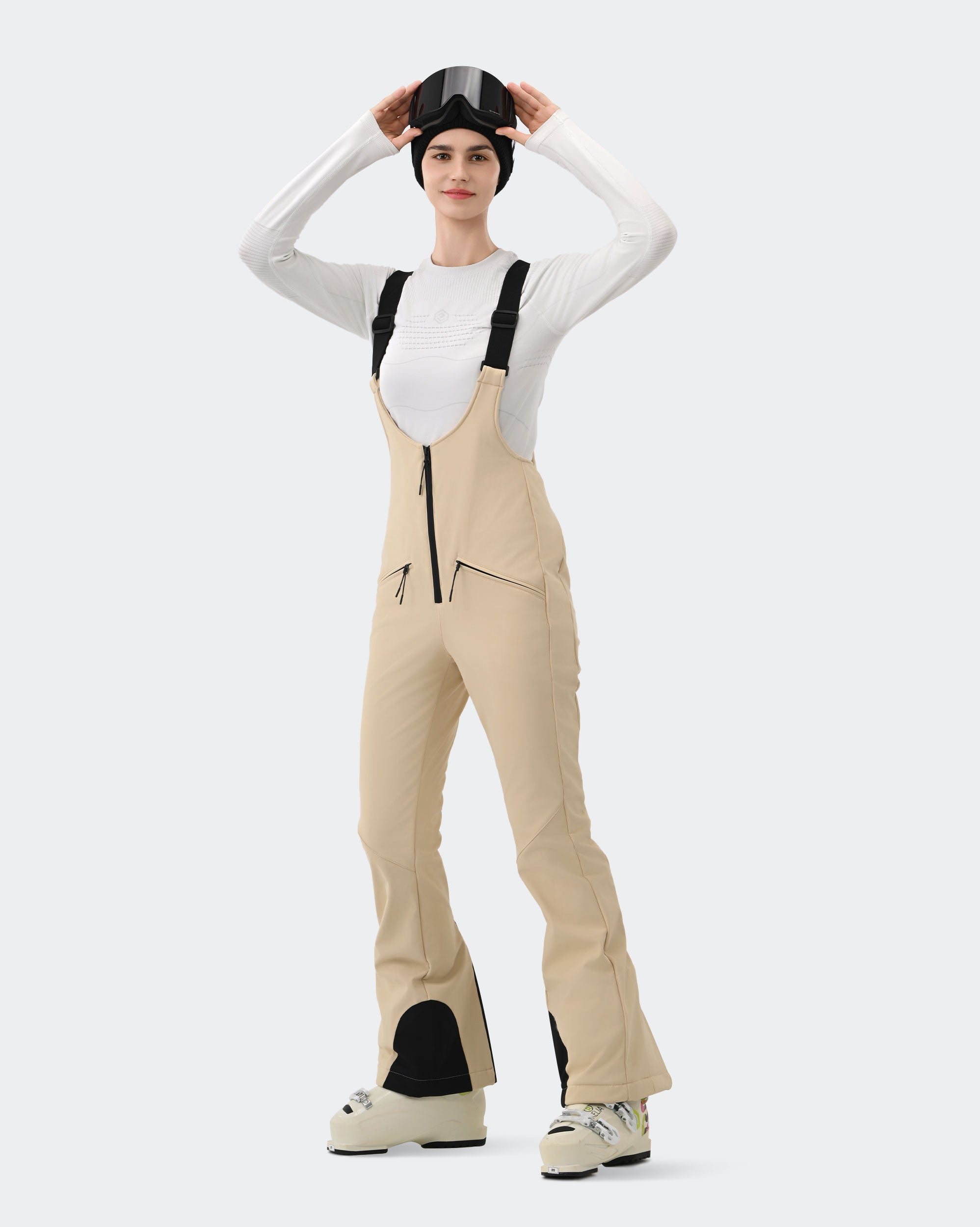 HIGH EXPERIENCE Women's Ski Bib Pants Light Khaki – Waterproof Insulated Snow Overalls, On-Model Lifestyle