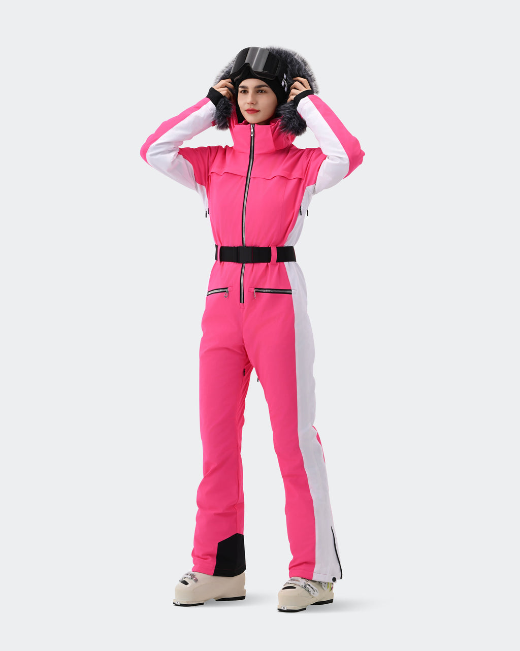 Pink Gradient ski suit removable fur collar and lift ticket pocket detail
