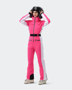 Pink Gradient ski suit removable fur collar and lift ticket pocket detail
