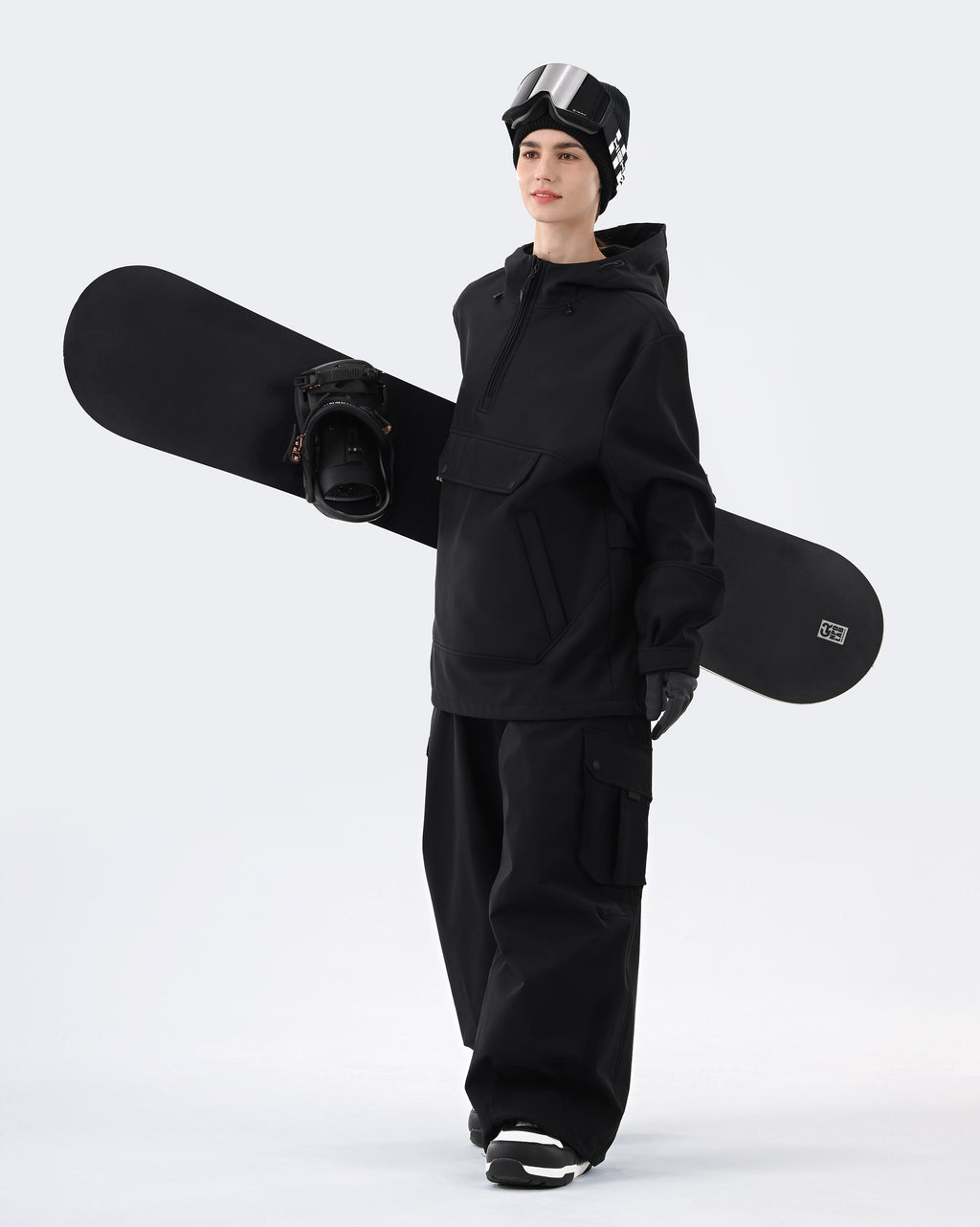 Women wearing Black waterproof ski hoodie pullover on mountain
