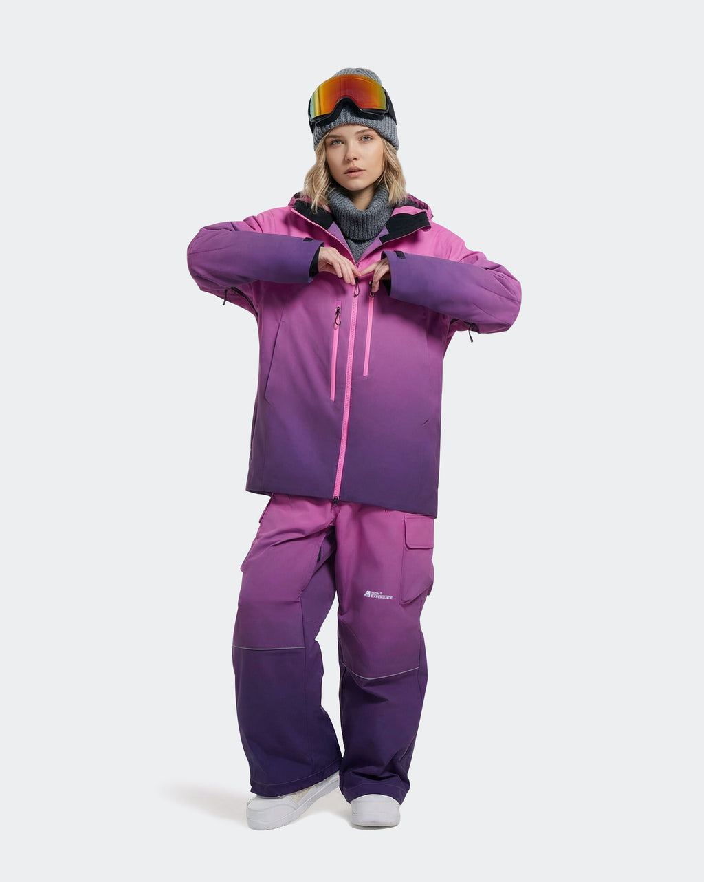 Women wearing Purple baggy gradient snowboard jacket powder day
