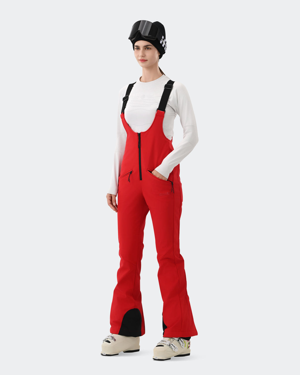 HIGH EXPERIENCE Women's Ski Bib Pants Red – Waterproof Insulated Snow Overalls, On-Model Lifestyle