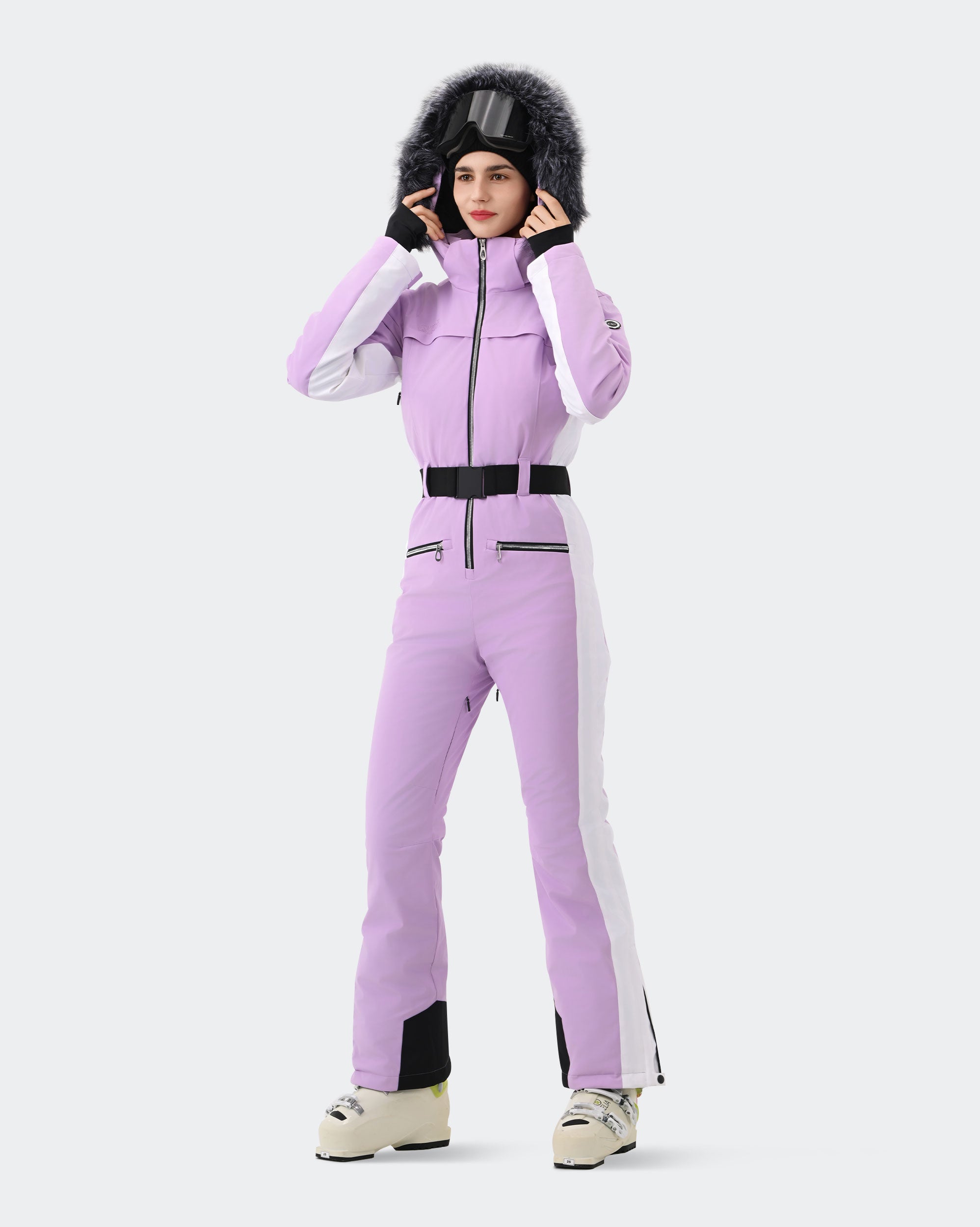 Light Purple ski suit goggle pocket and adjustable waist belt detail
