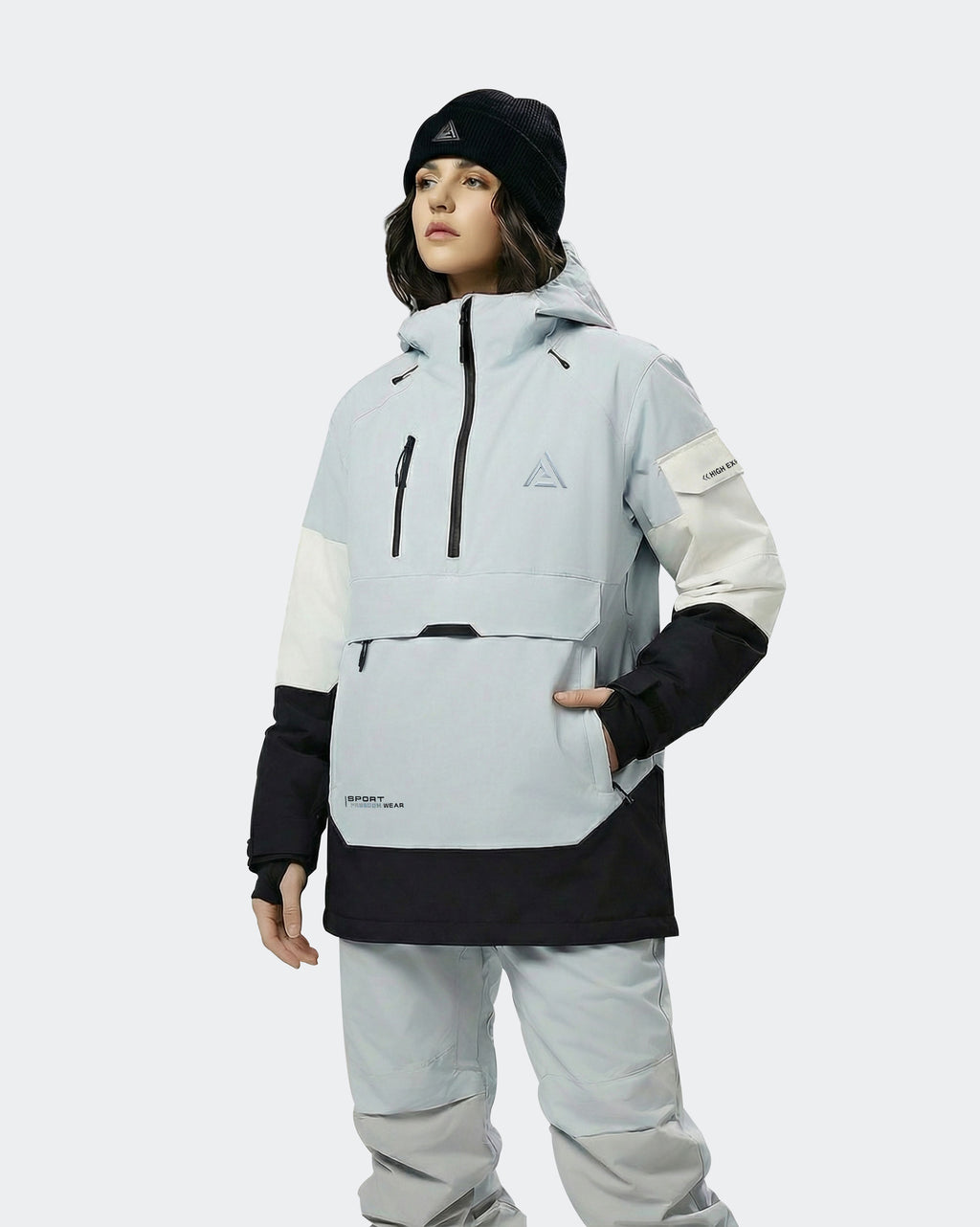 Black-Blue ski jacket chest pocket and lift ticket pocket detail
