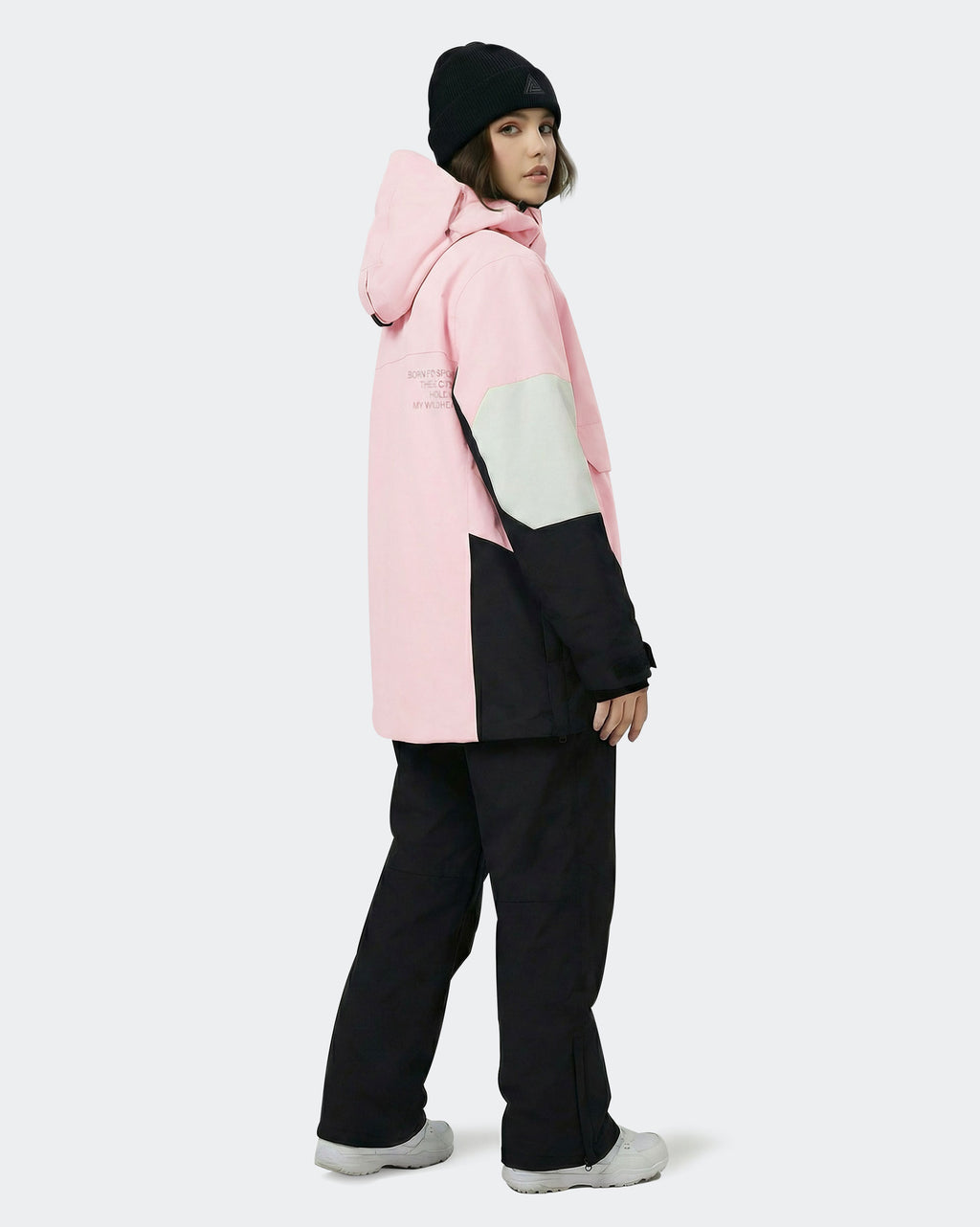 Women wearing Black-Pink snowboard hoodie winter outdoor shot
