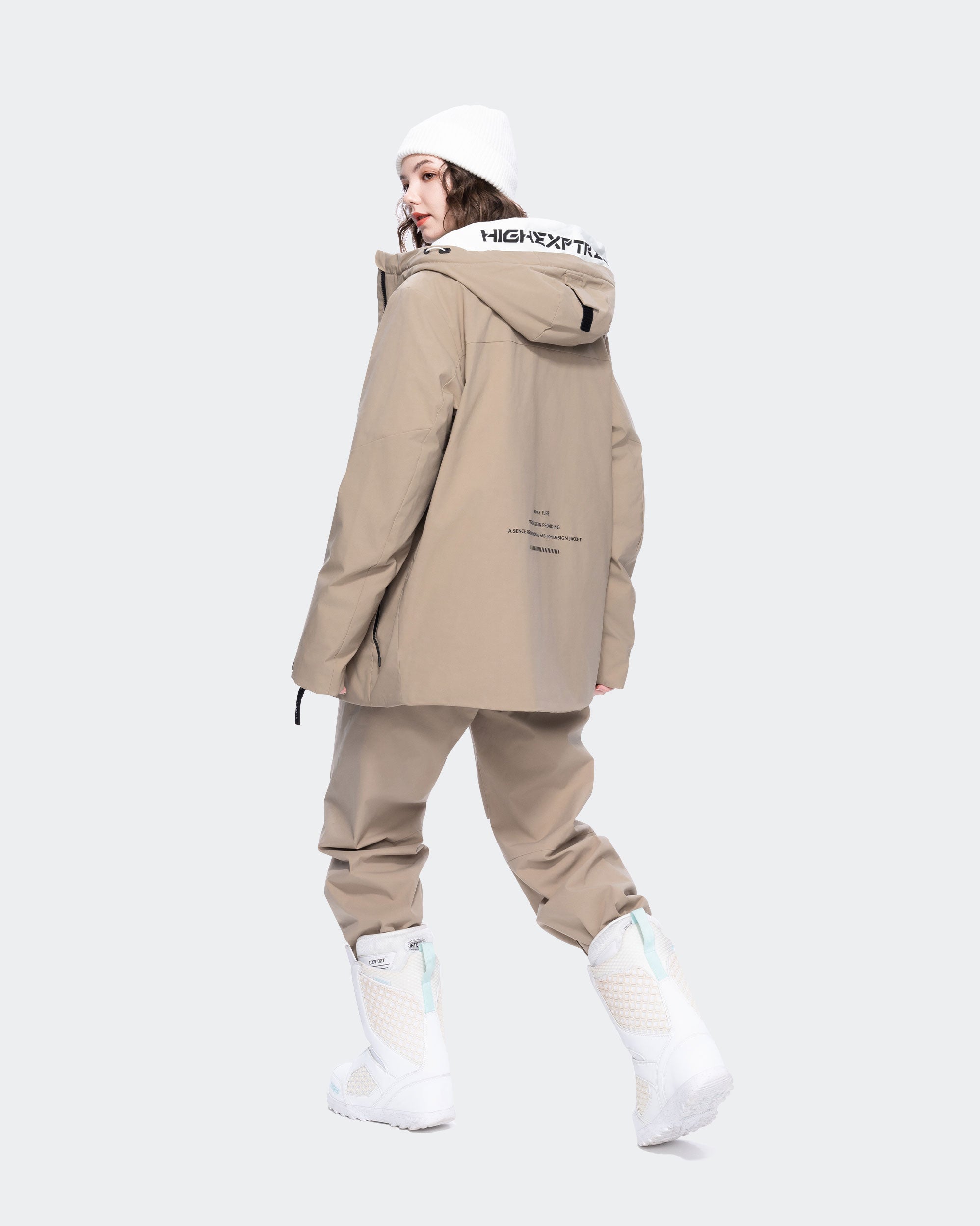 Light Khaki snowboard coat back view – women's outerwear
