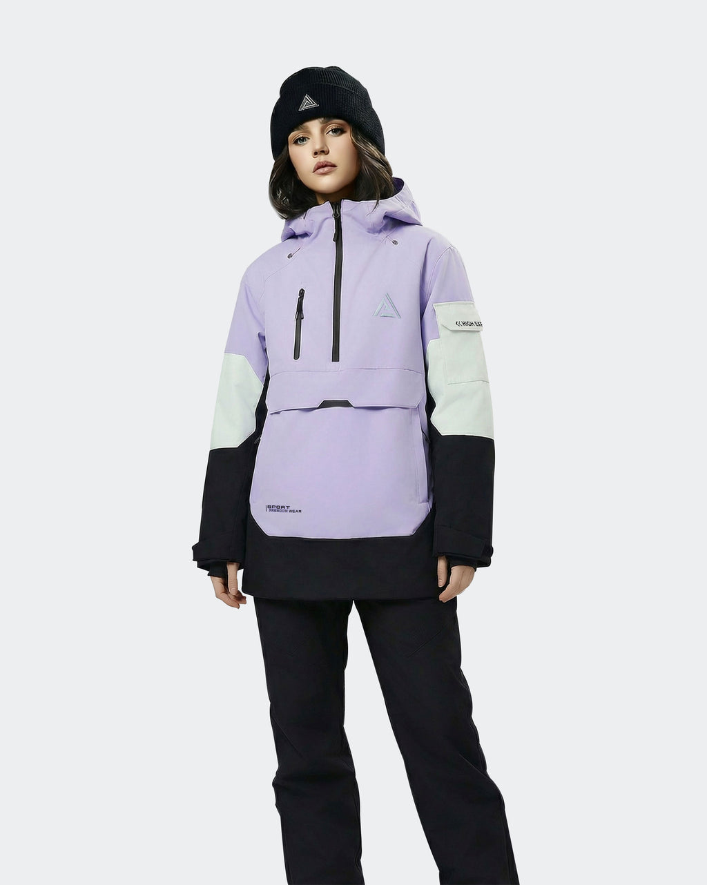 Women's ski hoodie pullover jacket front view in Black-Purple – HIGH EXPERIENCE
