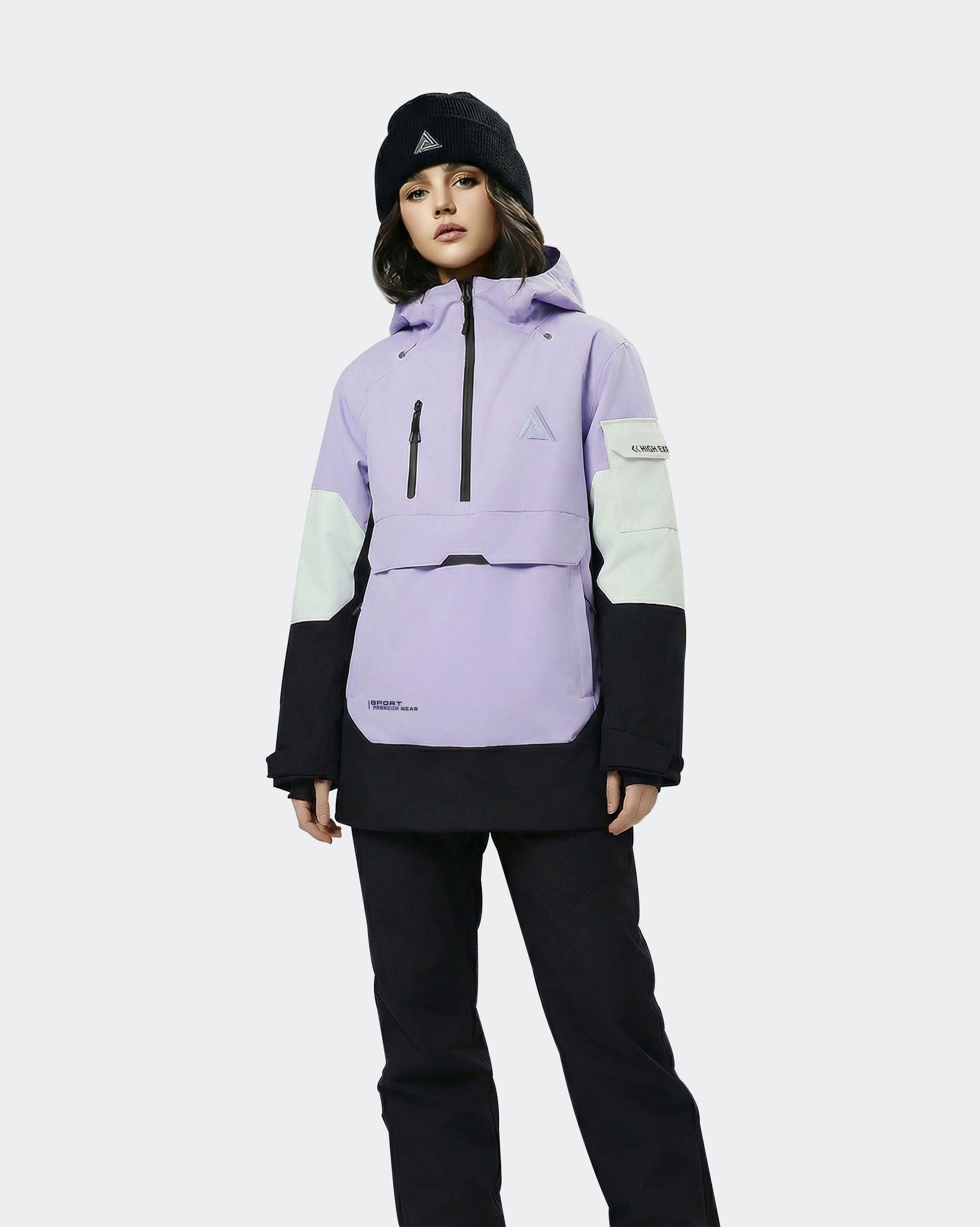 Women's ski hoodie pullover jacket front view in Black-Purple – HIGH EXPERIENCE

