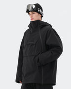 Black anorak ski jacket side view showing pullover silhouette
