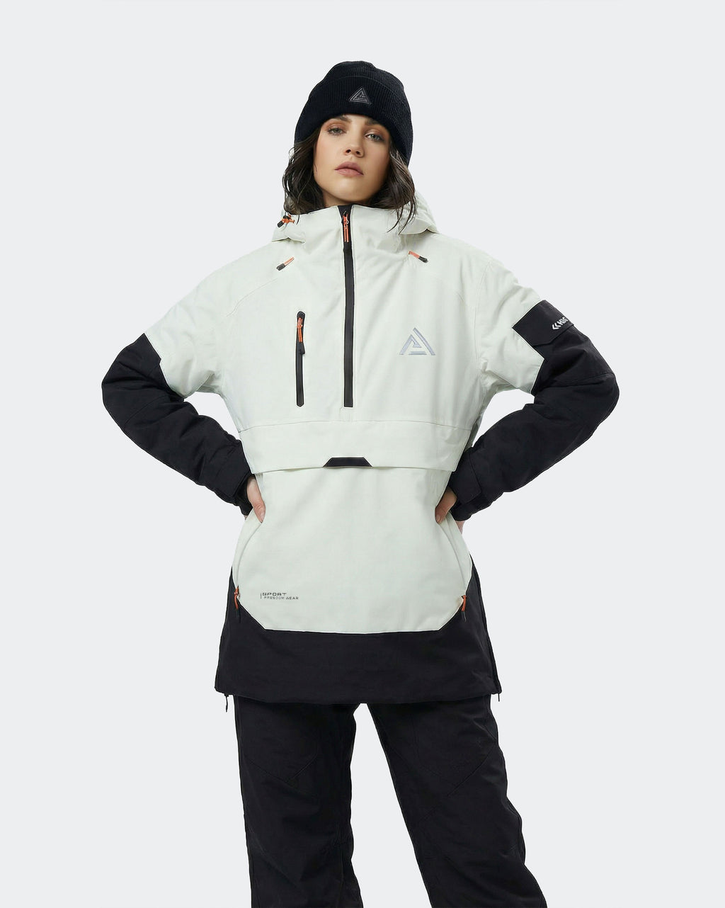 Women's ski hoodie pullover jacket front view in Black-White – HIGH EXPERIENCE
