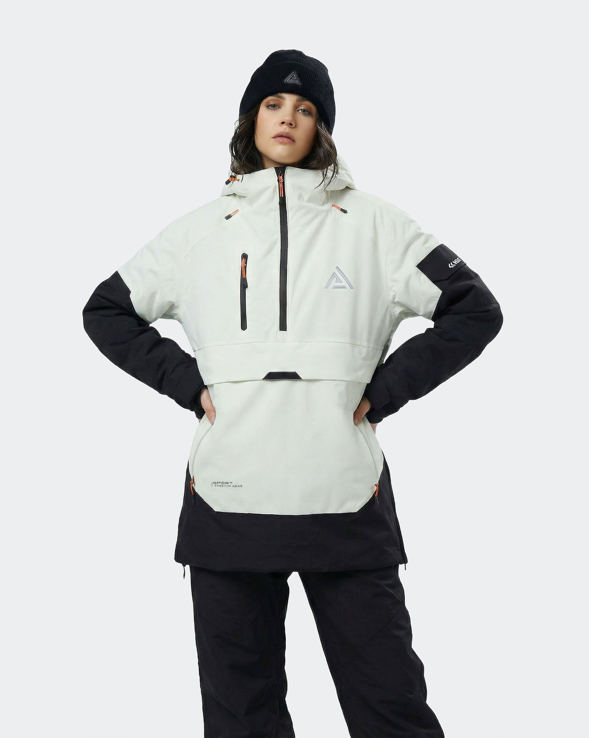 Women's ski hoodie pullover jacket front view in Black-White – HIGH EXPERIENCE
