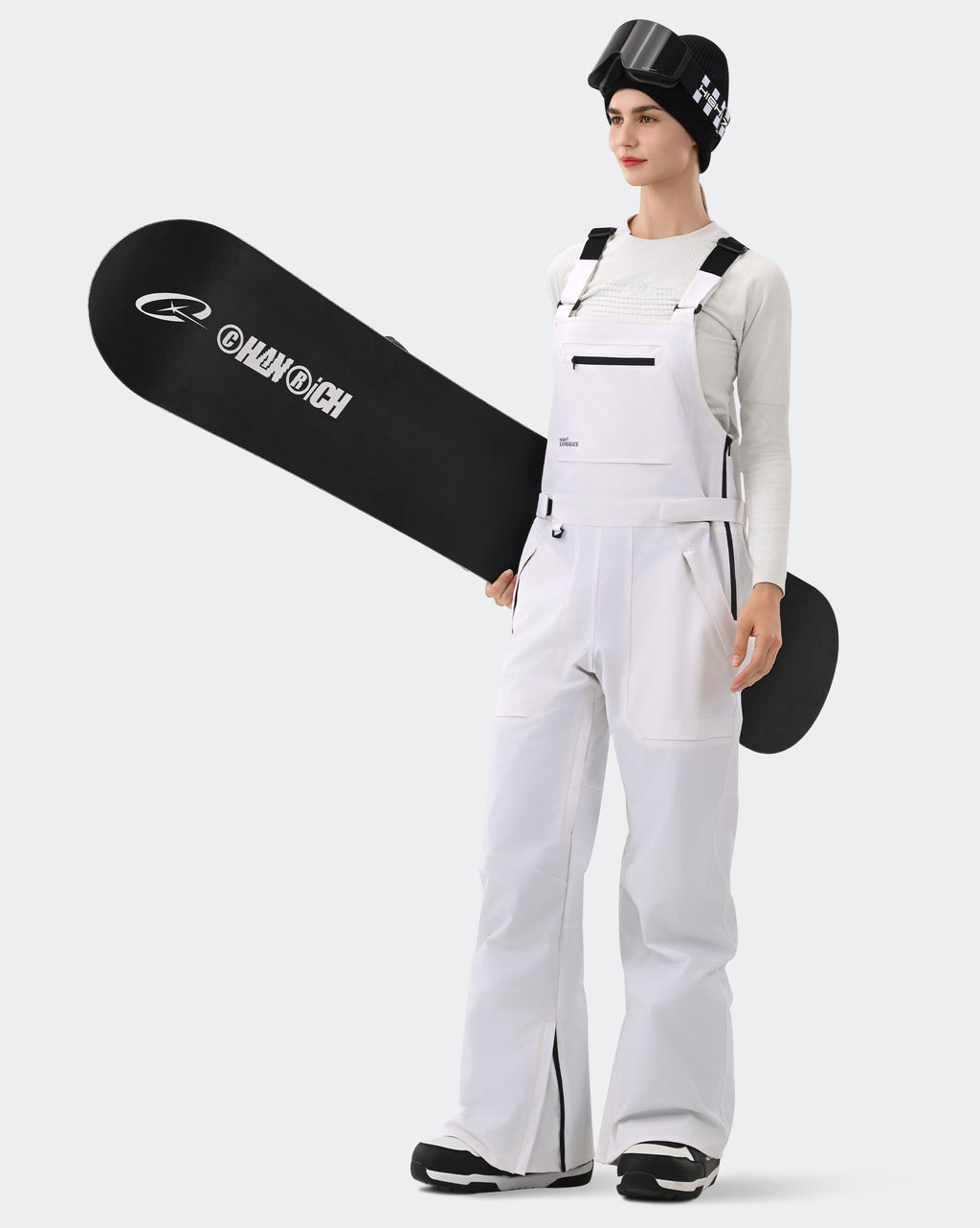 White Women's Ski Bib Pants – Carrying Snowboard | High Experience