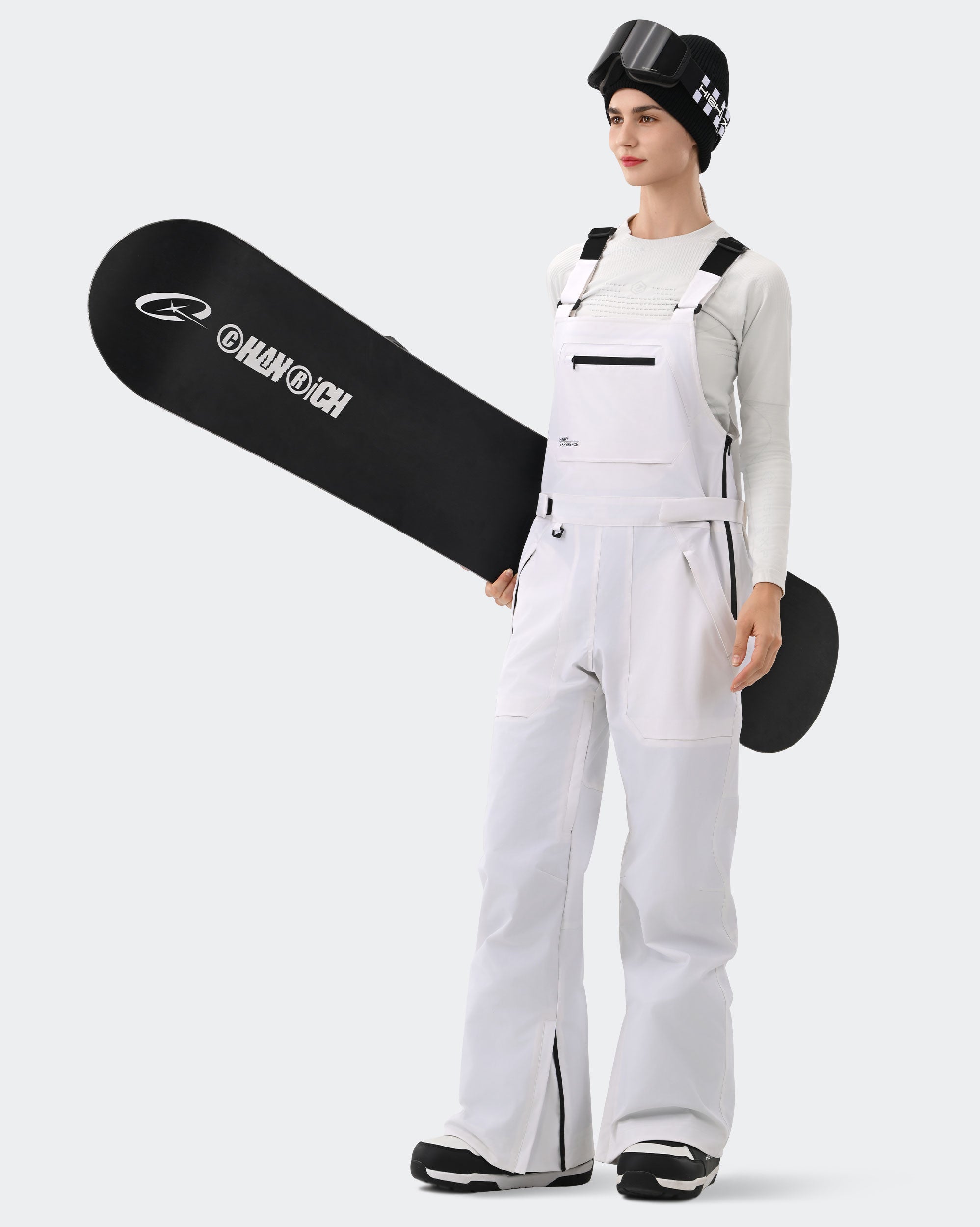White Women's Ski Bib Pants – Carrying Snowboard | High Experience