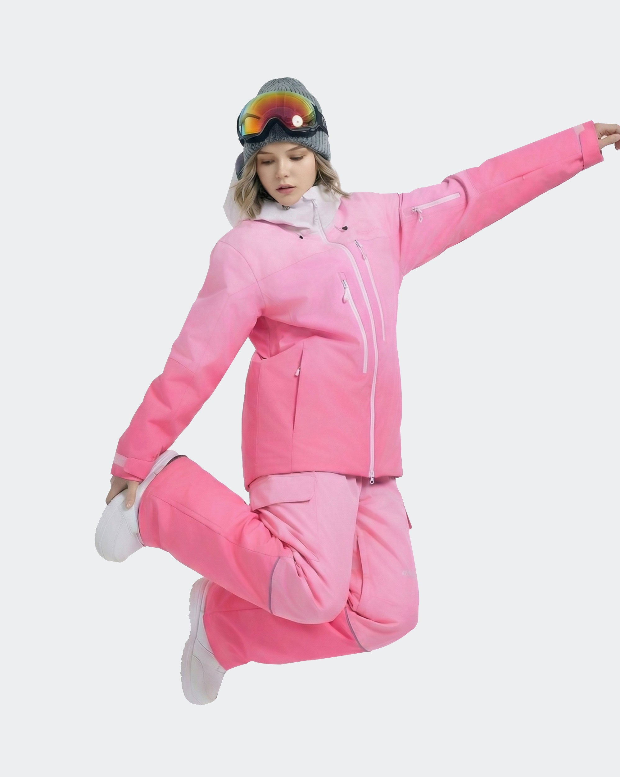 Women wearing Pink baggy gradient snowboard jacket on mountain
