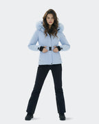 Women wearing Light Blue slim fit ski jacket on slopes
