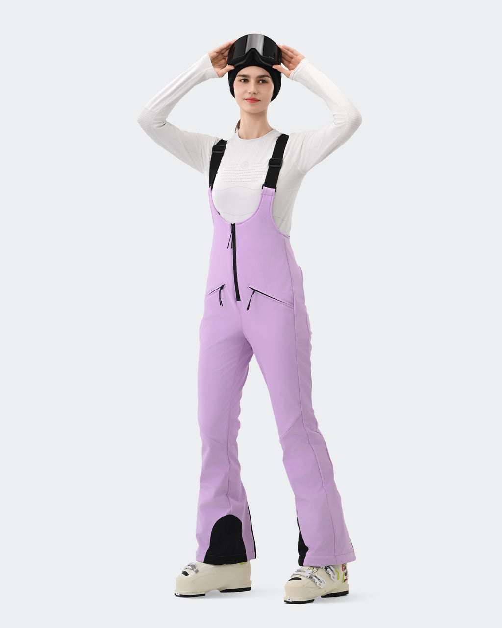 HIGH EXPERIENCE Women's Ski Bib Pants Light Purple – Waterproof Insulated Snow Overalls, On-Model Lifestyle