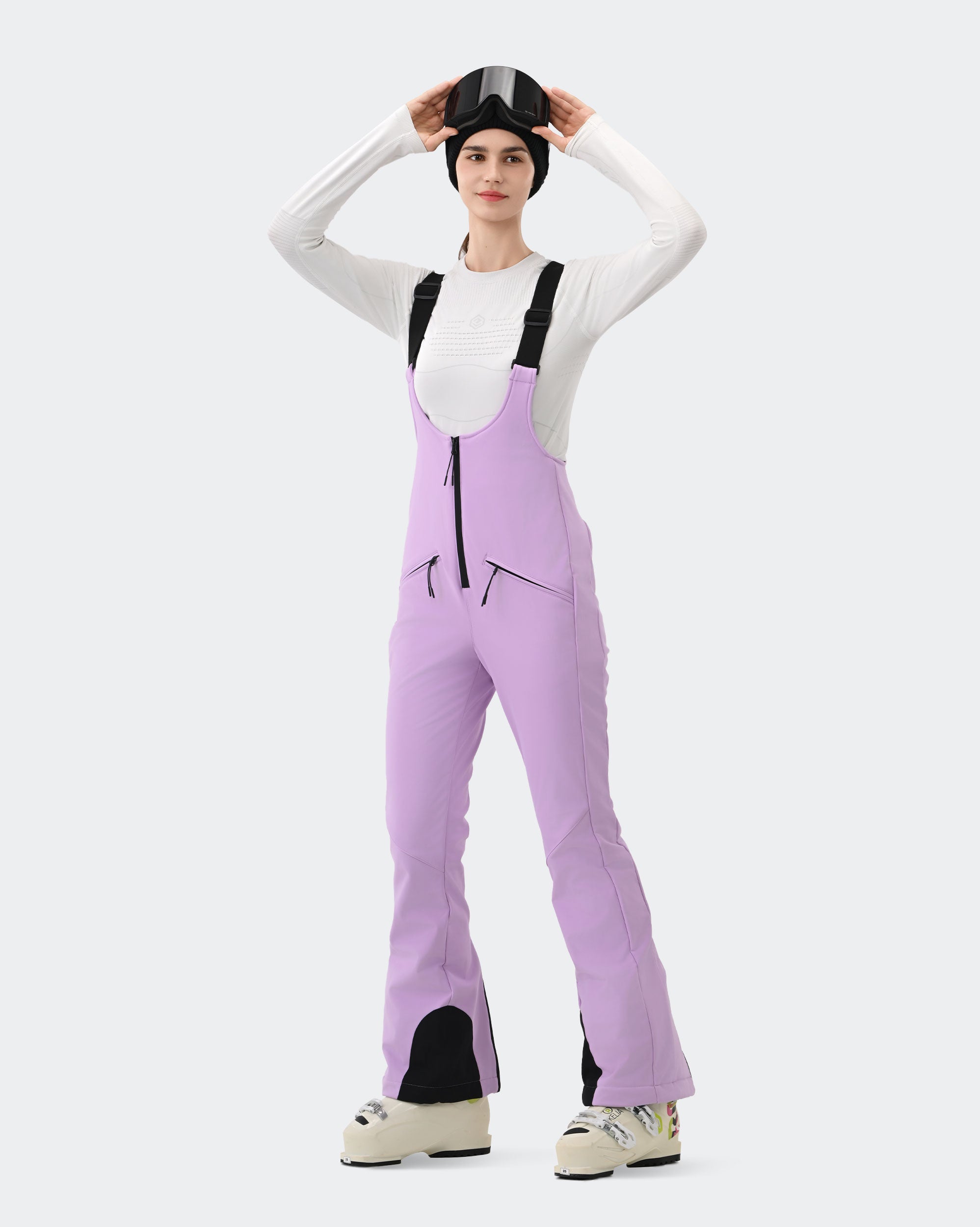 HIGH EXPERIENCE Women's Ski Bib Pants Light Purple – Waterproof Insulated Snow Overalls, On-Model Lifestyle