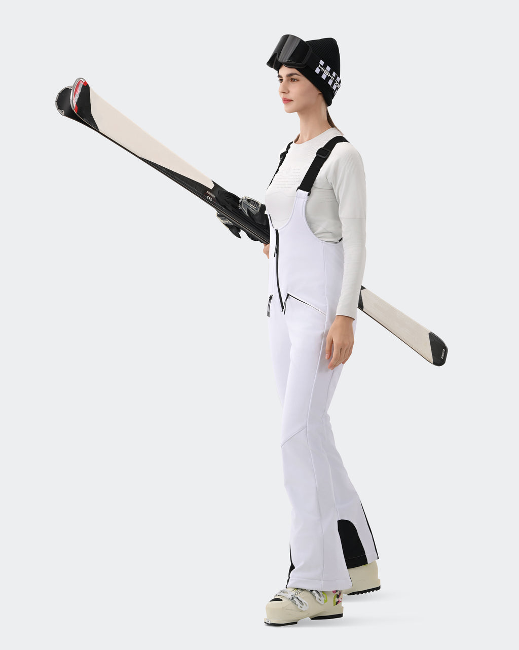 HIGH EXPERIENCE Women's Ski Bib Pants White – Waterproof Insulated Snow Overalls, On-Model Lifestyle
