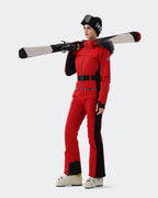 Red and Black ski suit finger hole cuffs and ankle wind skirt detail
