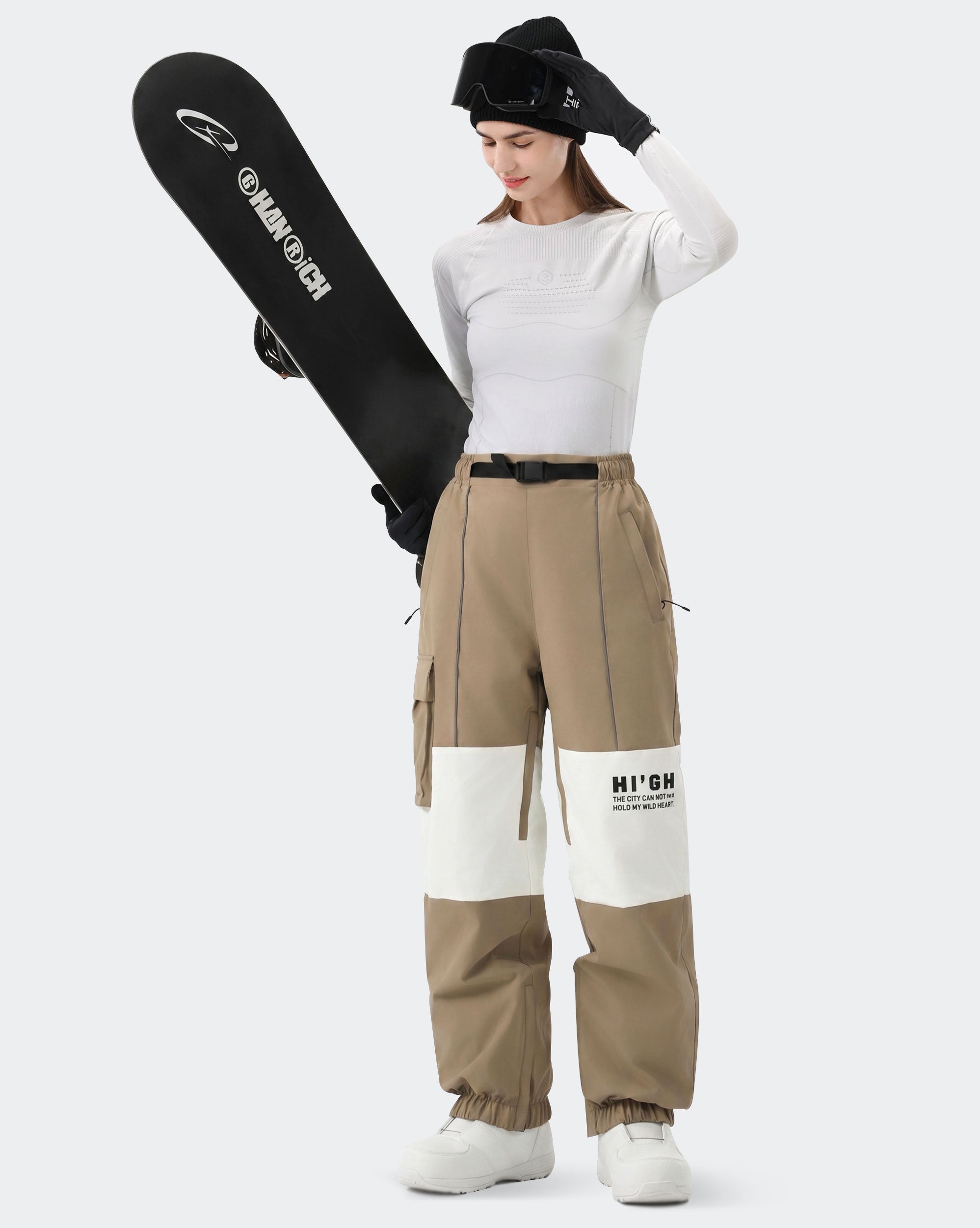 HIGH EXPERIENCE Women's Baggy Ski Pants Khaki On Model Full Body — Waterproof Ski Pants