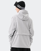 Gray ski hoodie pullover back view – women's snowboard jacket
