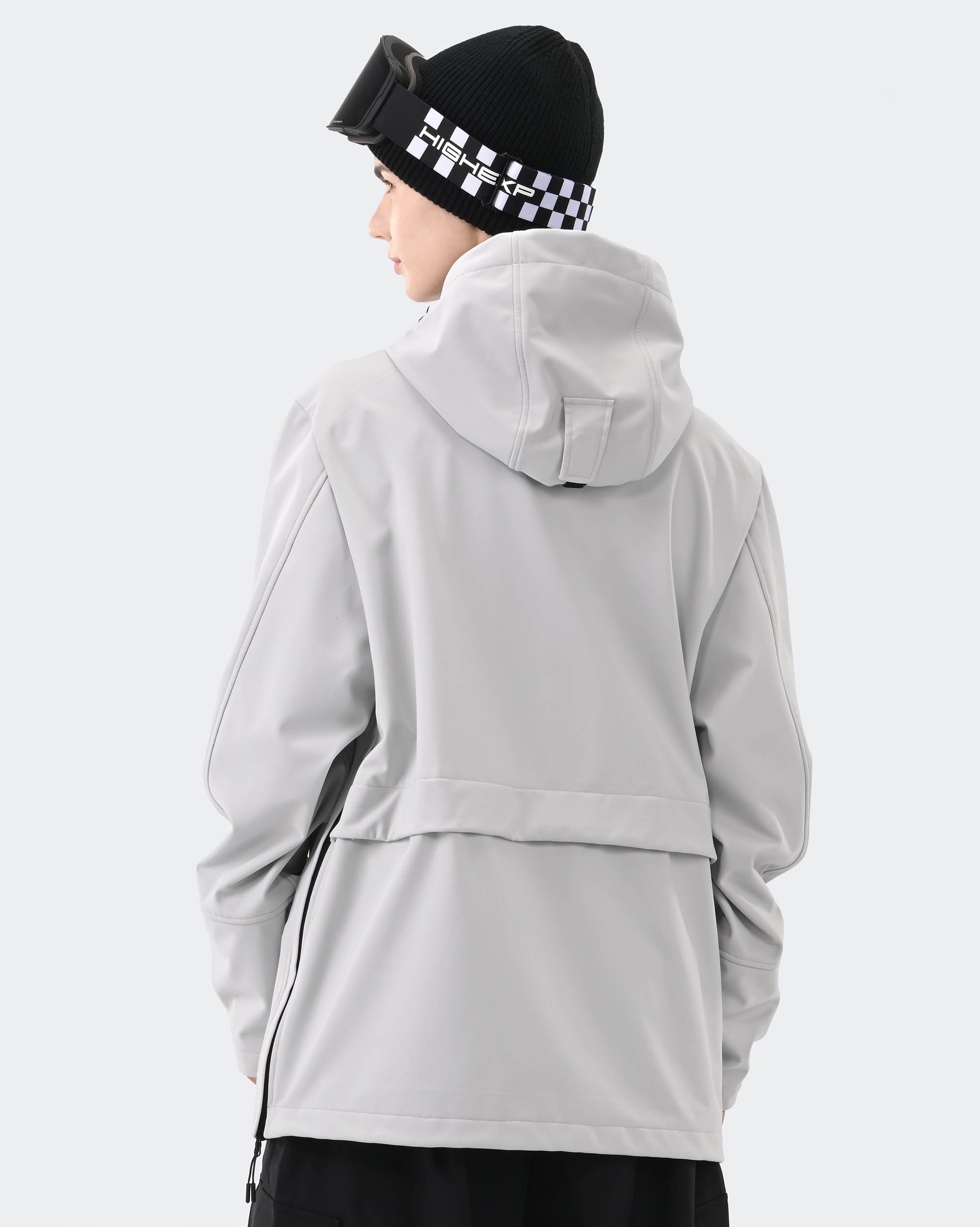 Gray ski hoodie pullover back view – women's snowboard jacket
