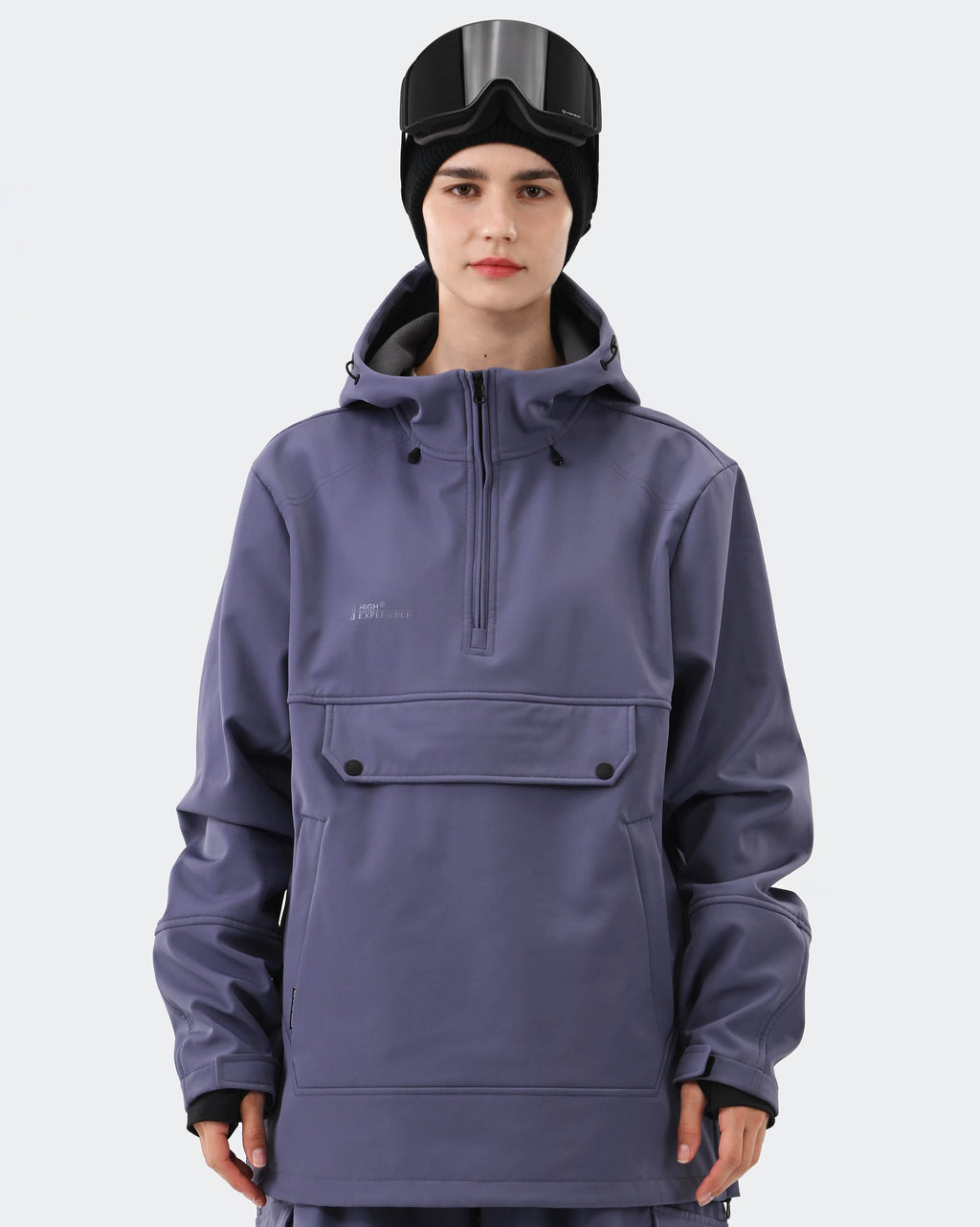 Women's fleece lined waterproof ski hoodie pullover front view in Purple – HIGH EXPERIENCE
