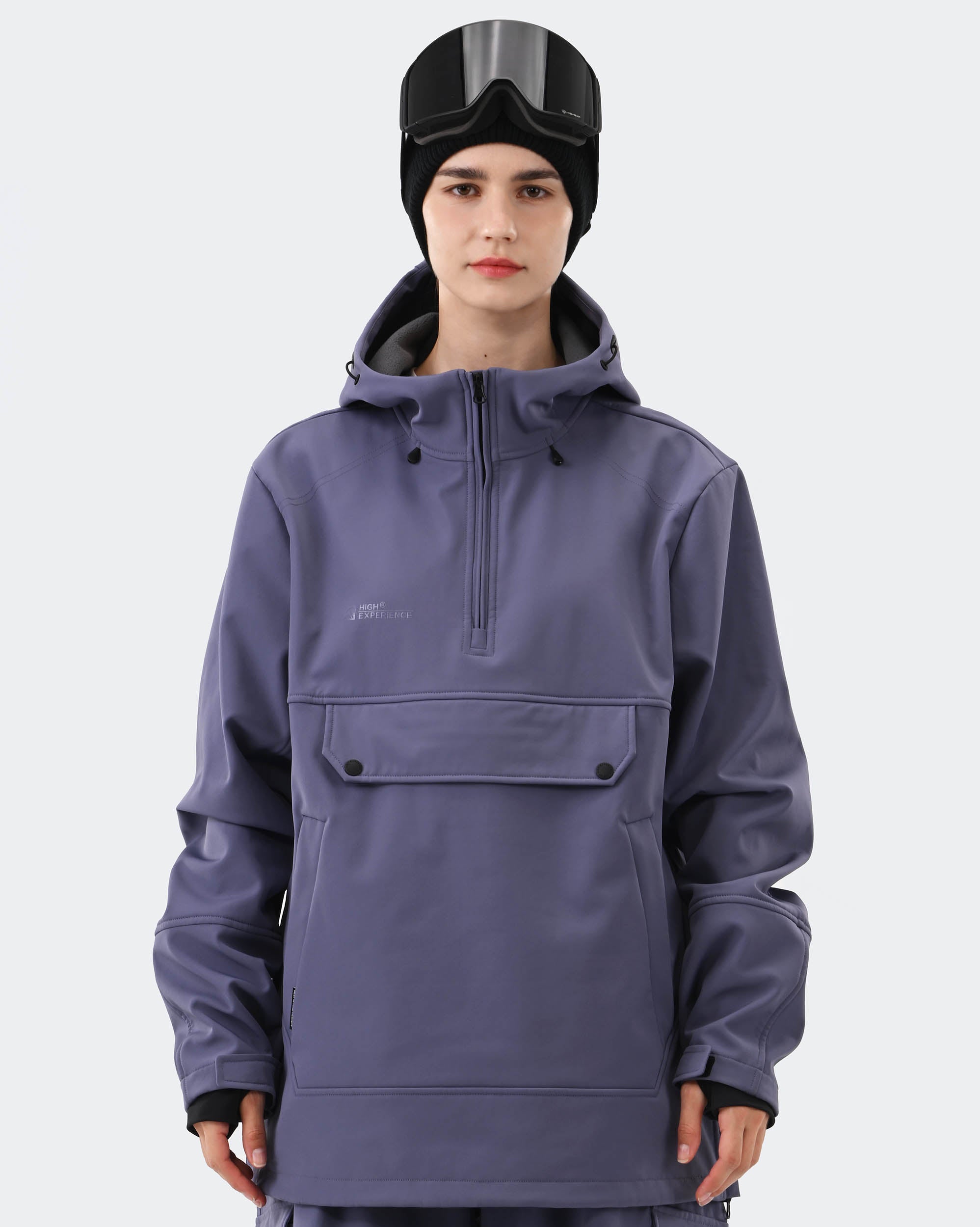 Women's fleece lined waterproof ski hoodie pullover front view in Purple – HIGH EXPERIENCE
