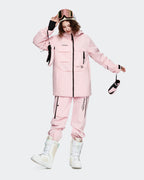Pink Gradient ski jacket inner security pocket and snow skirt detail
