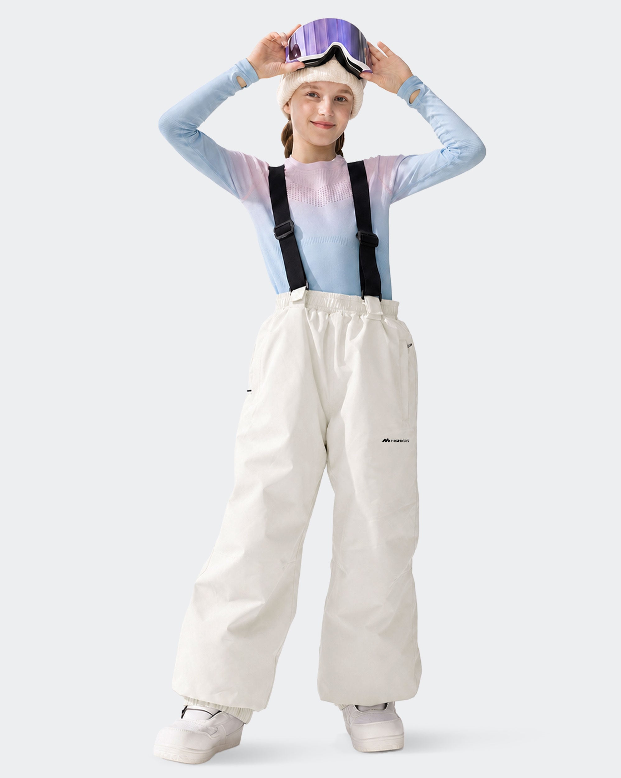 HIGH EXPERIENCE Kids Ski Pants - White, Child Wearing Suspender Ski Pants