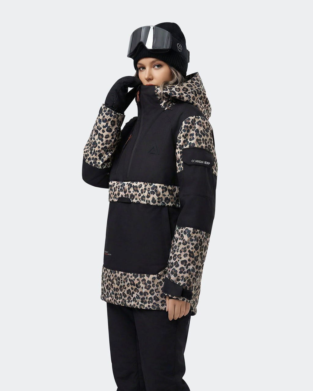 Black Leopard Print ski hoodie side view showing loose fit
