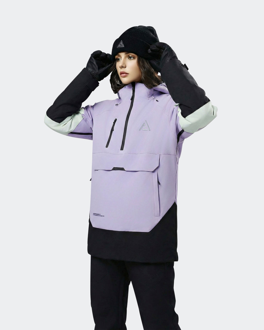 Women wearing Black-Purple ski hoodie pullover on slopes
