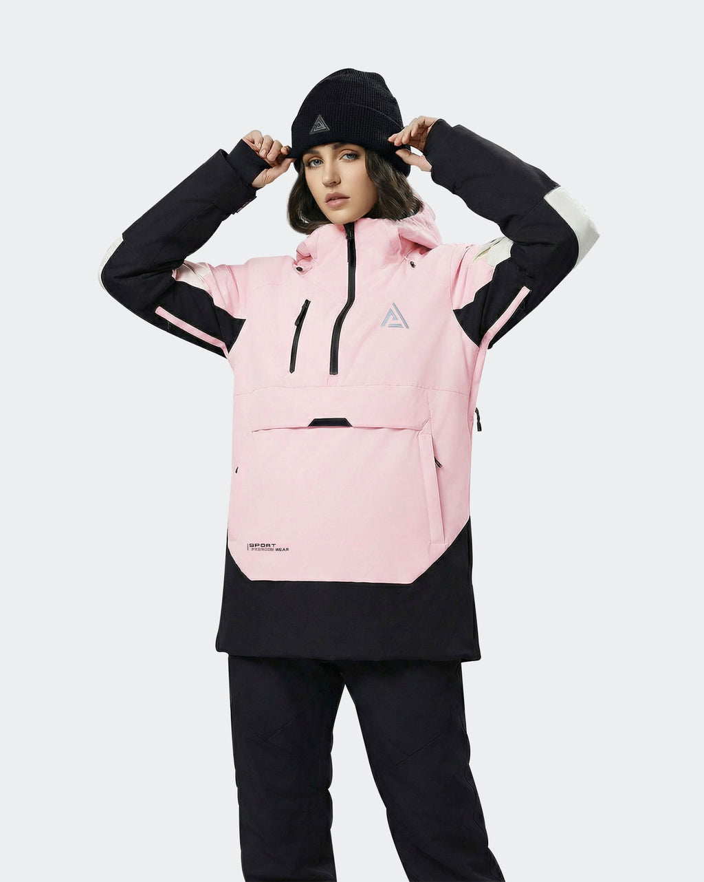 Black-Pink ski hoodie silhouette and loose fit detail
