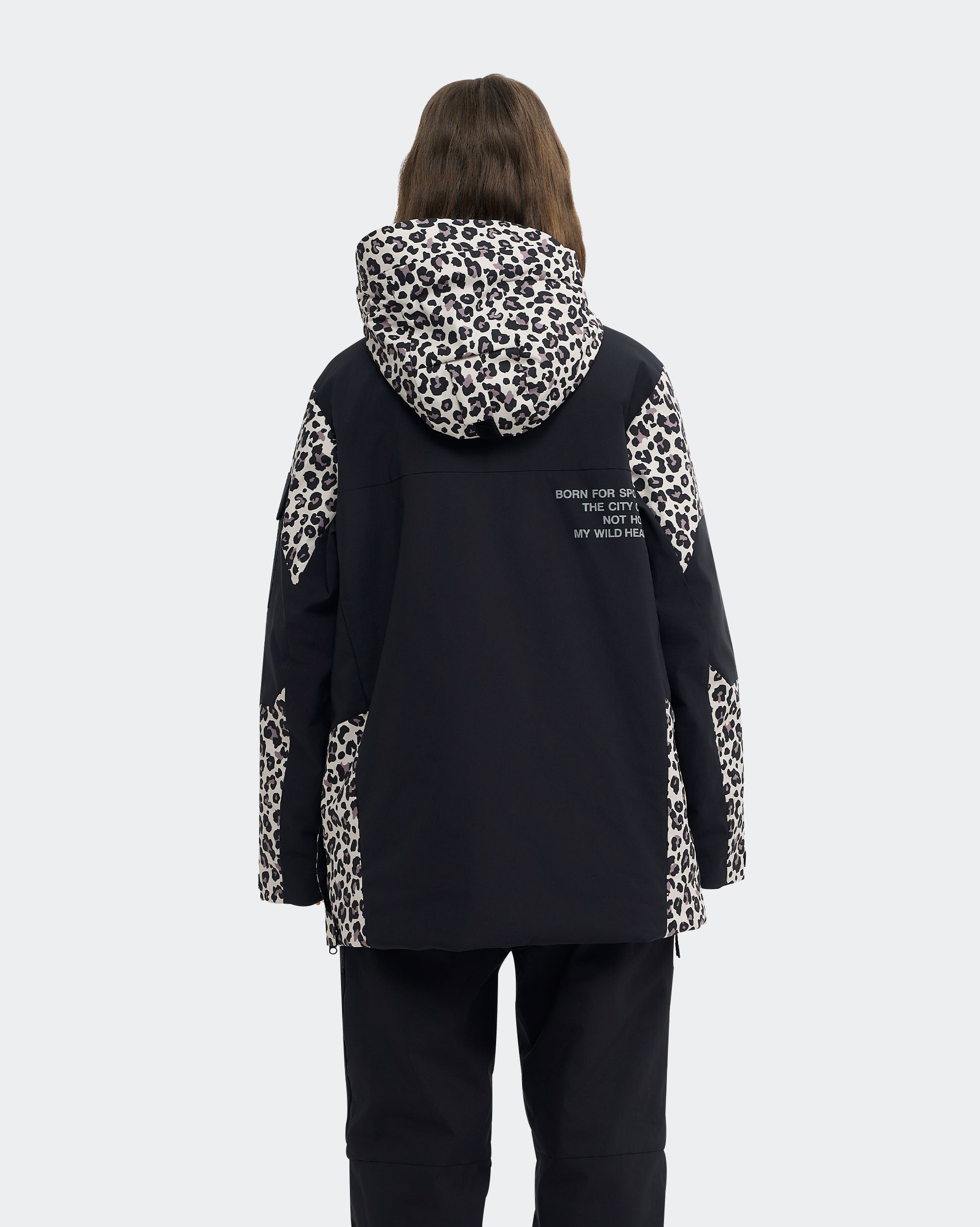 Black Leopard Print snowboard pullover jacket back view – HIGH EXPERIENCE
