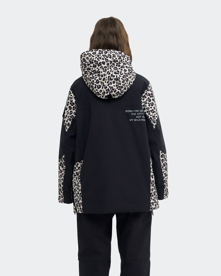 Black Leopard Print snowboard pullover jacket back view – HIGH EXPERIENCE

