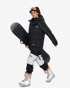 Women's Black baggy ski jacket detail and snowboard styling – HIGH EXPERIENCE