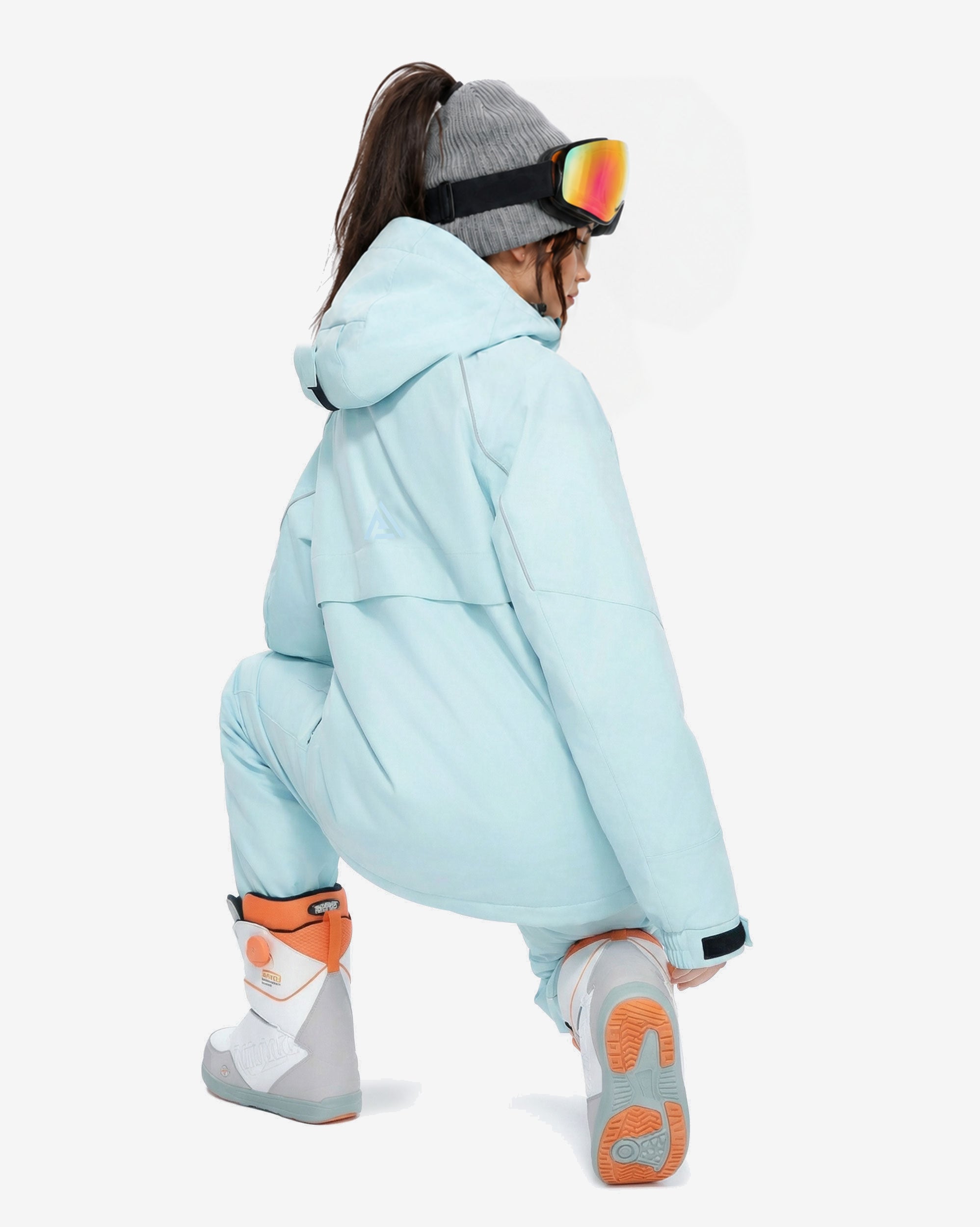 Women's baggy ski jacket back view in Light Blue – HIGH EXPERIENCE