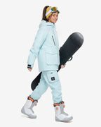 Women's Light Blue baggy ski jacket detail and snowboard styling – HIGH EXPERIENCE