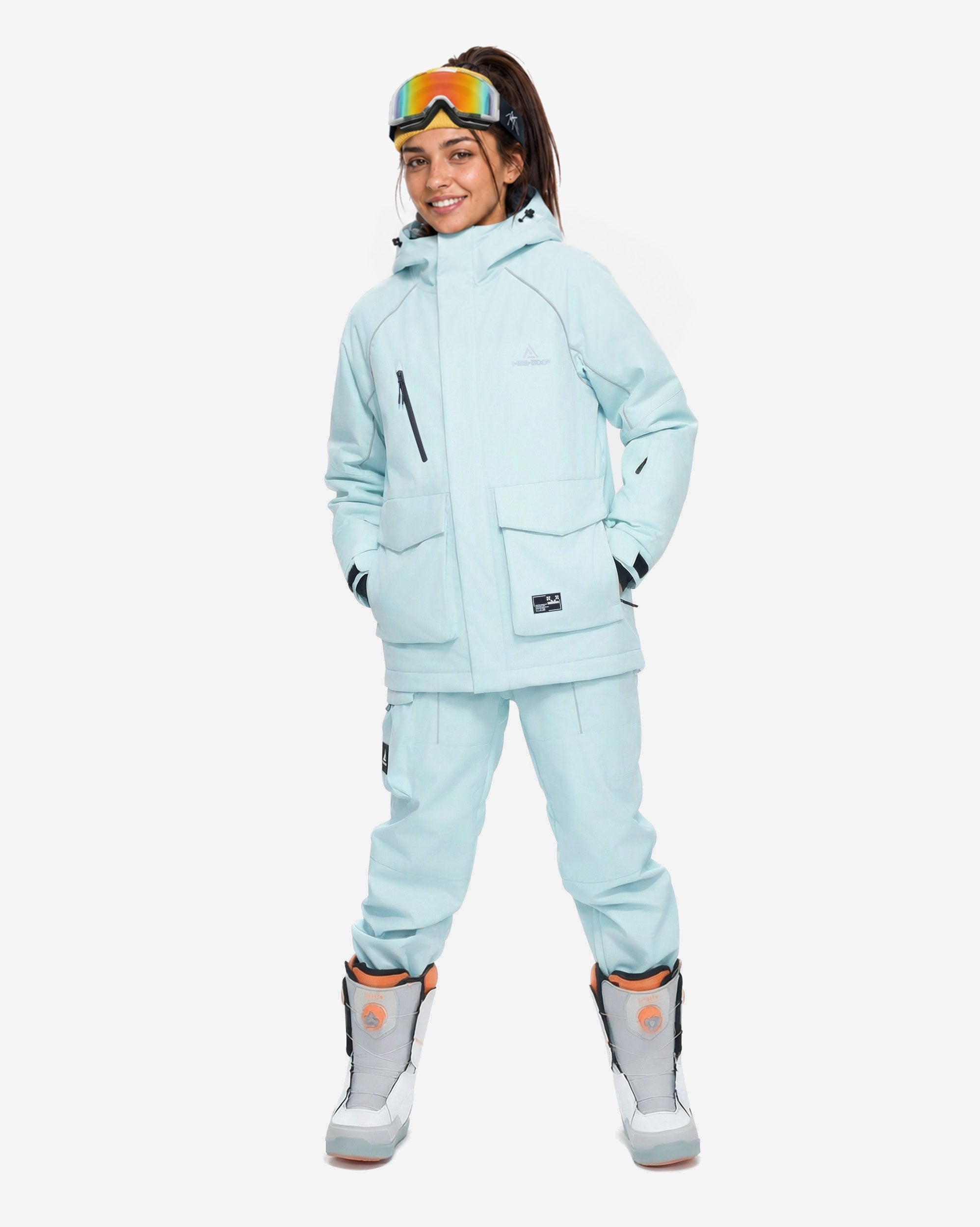 Women's Light Blue baggy ski jacket lifestyle view – HIGH EXPERIENCE