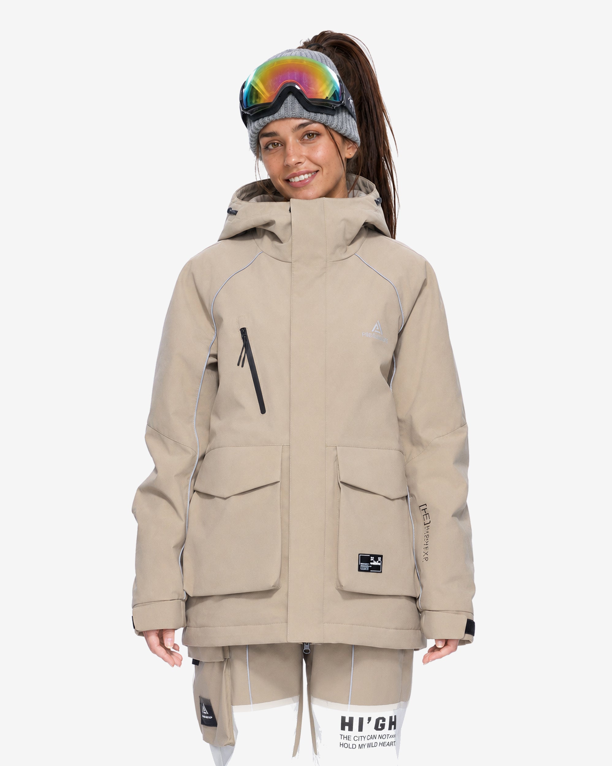 Women's baggy ski jacket front view in Light Khaki – HIGH EXPERIENCE