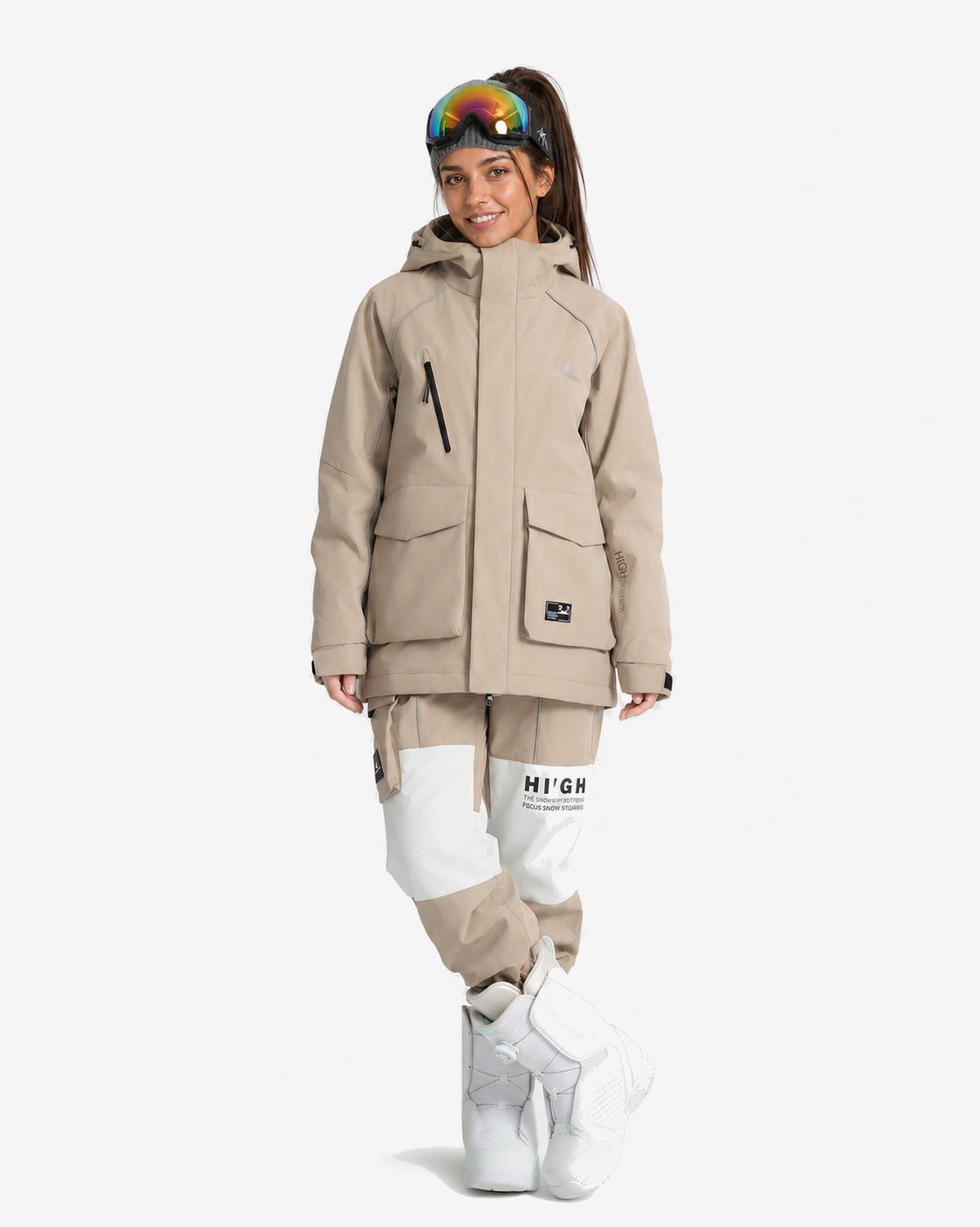 Women's Light Khaki baggy ski jacket lifestyle view – HIGH EXPERIENCE