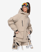 Women's baggy ski jacket side view in Light Khaki – HIGH EXPERIENCE