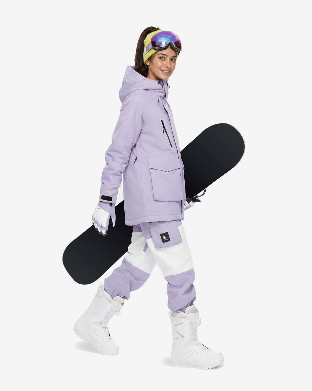 Women's Light Purple baggy ski jacket detail and snowboard styling – HIGH EXPERIENCE