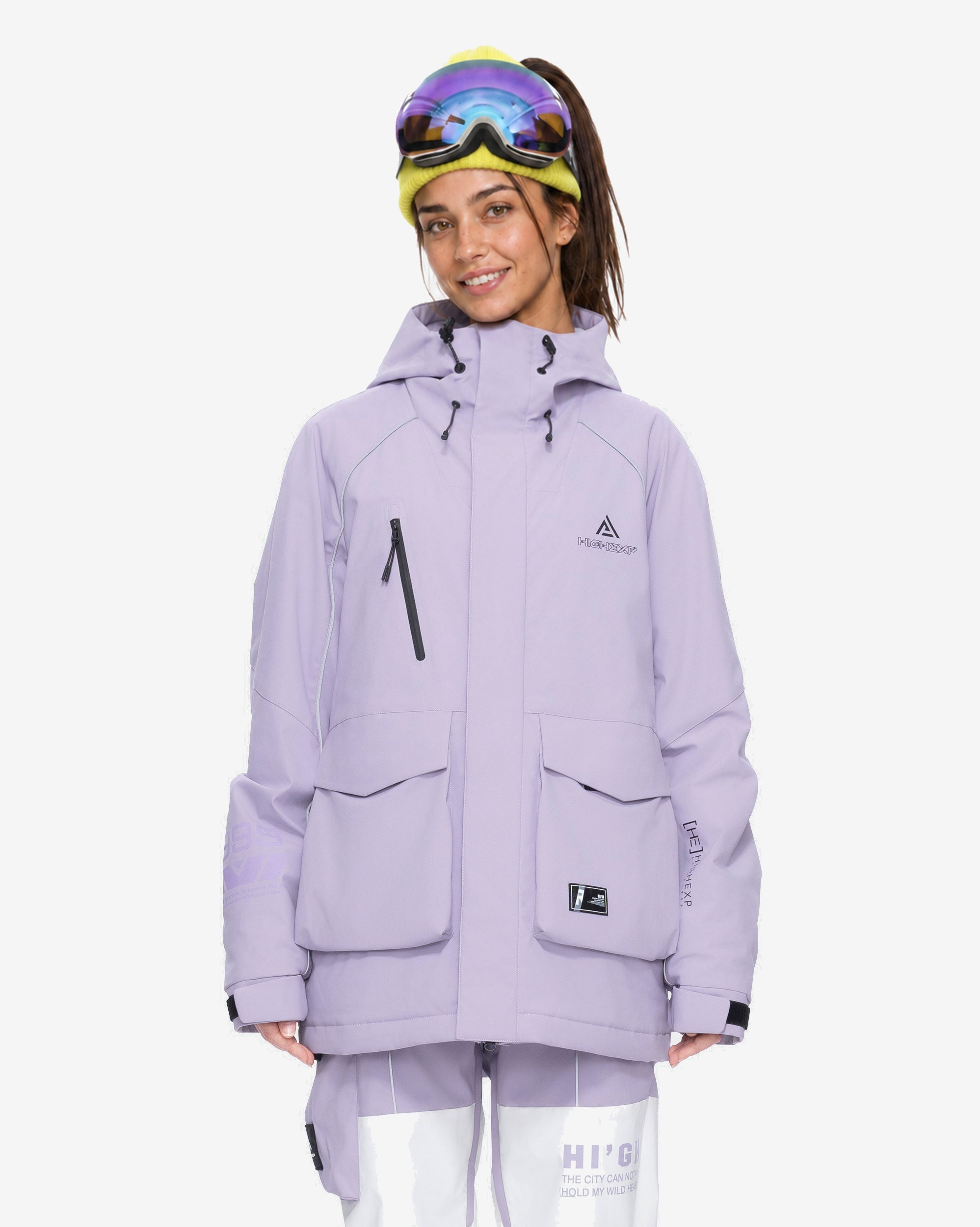 Women's baggy ski jacket front view in Light Purple – HIGH EXPERIENCE