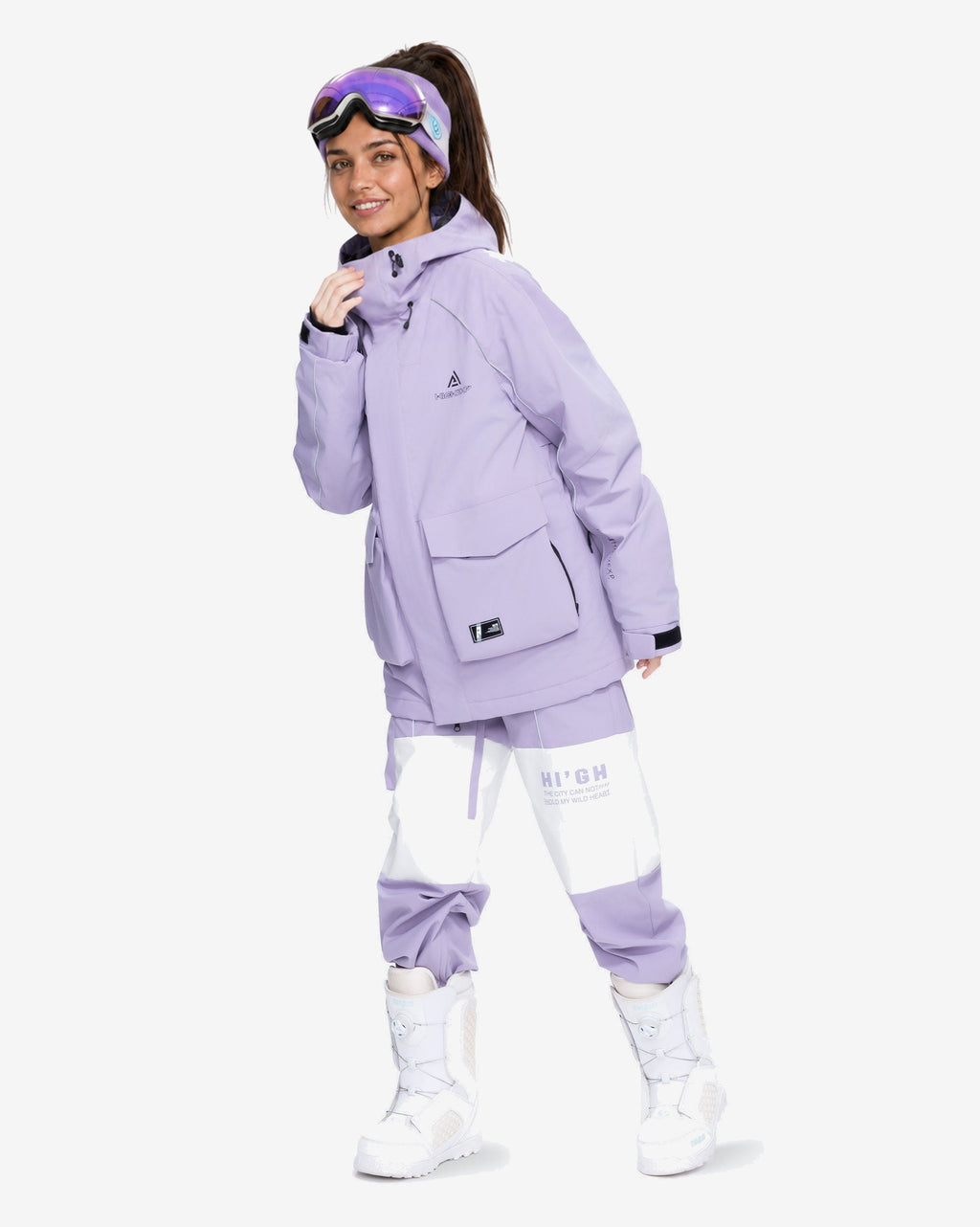 Women's baggy ski jacket side view in Light Purple – HIGH EXPERIENCE