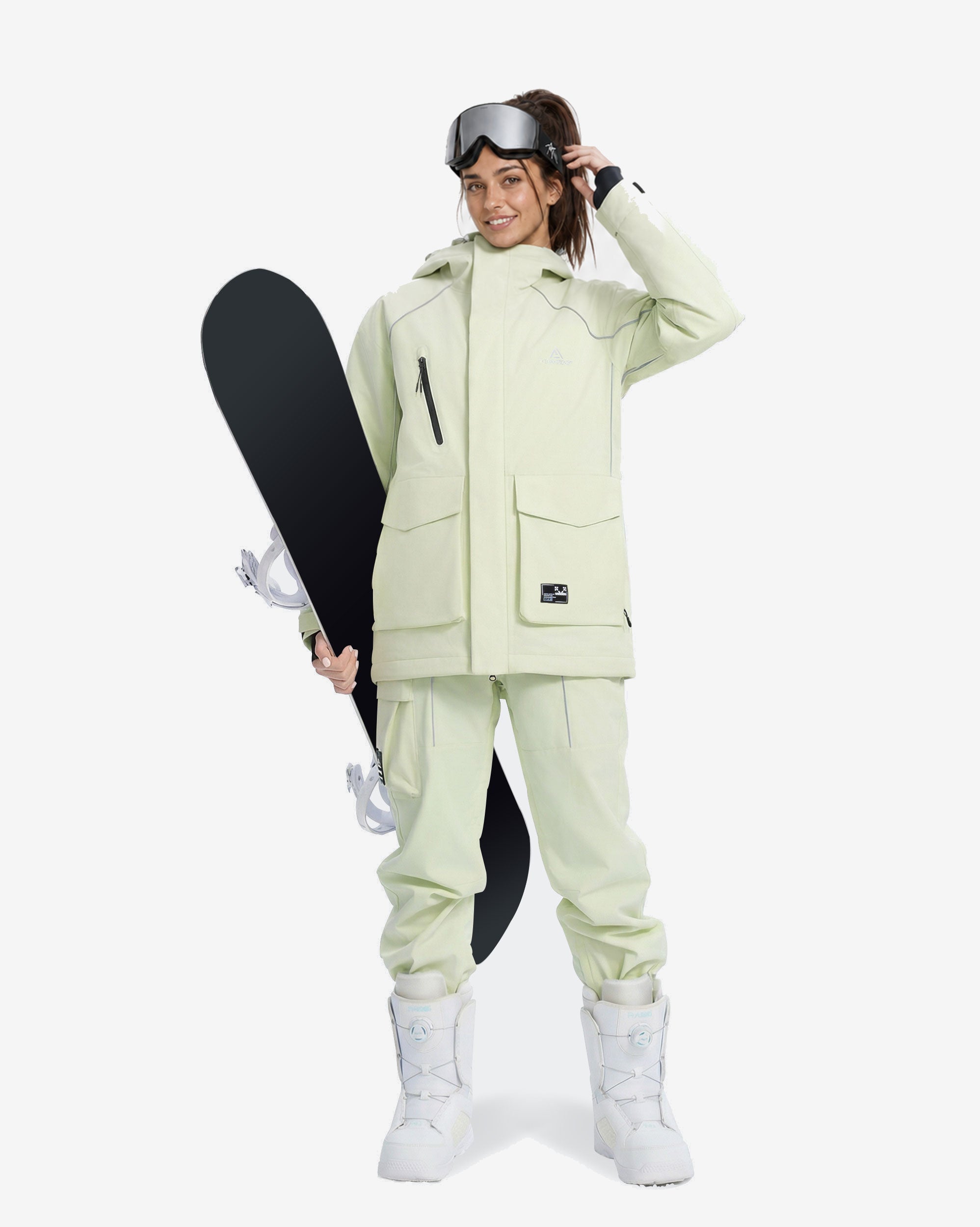 Women's Sage Green baggy ski jacket detail and snowboard styling – HIGH EXPERIENCE
