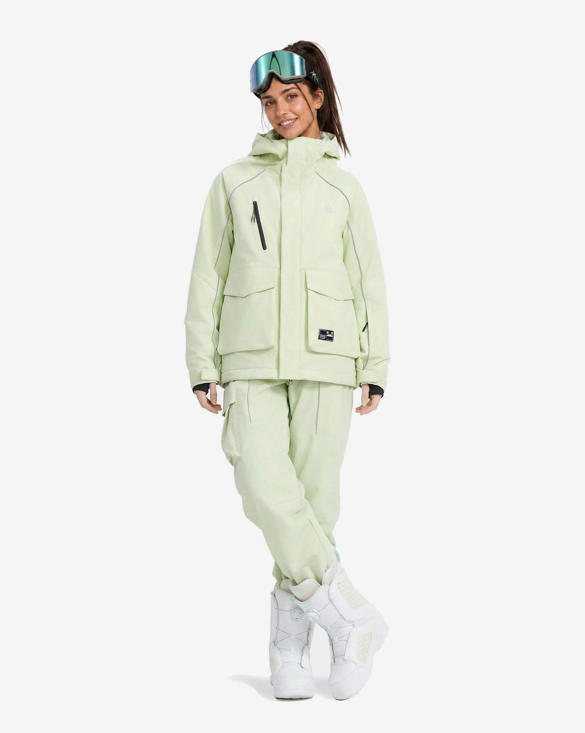 Women's Sage Green baggy ski jacket lifestyle view – HIGH EXPERIENCE